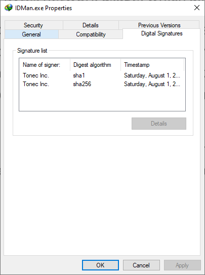 Digital Signatures of an executable file