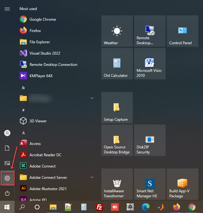 How to find windows settings in the start menu.