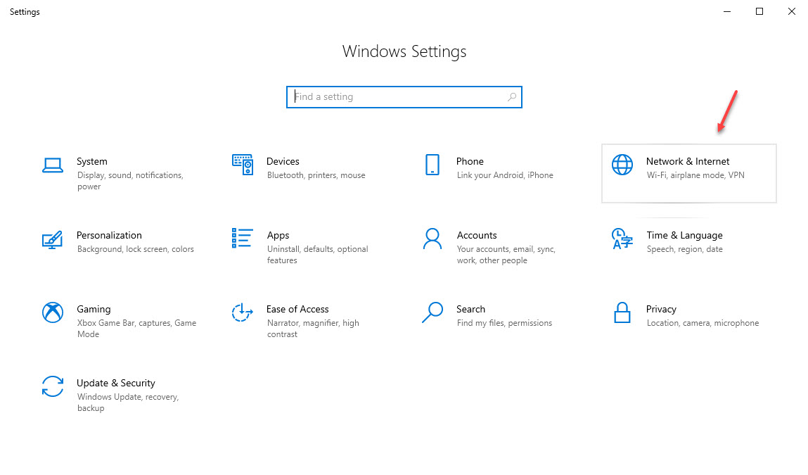 How to find the Network & Internet item in the windows settings window