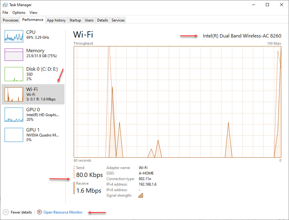 Monitor network bandwidth using task manager