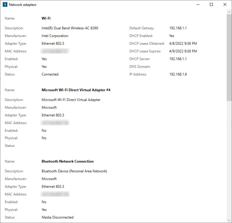 Showing info about network adapters